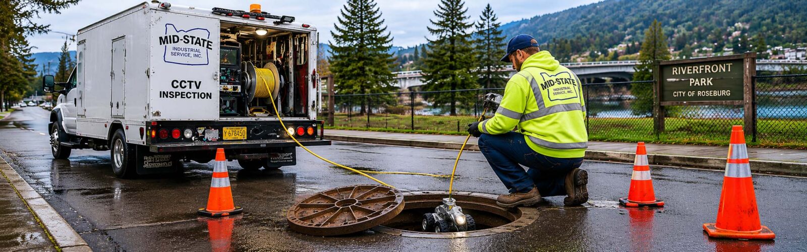 Mid-State Industrial Services technician performing a CCTV sewer inspection using a robotic crawler camera and inspection truck to evaluate underground storm and sewer infrastructure in Oregon.