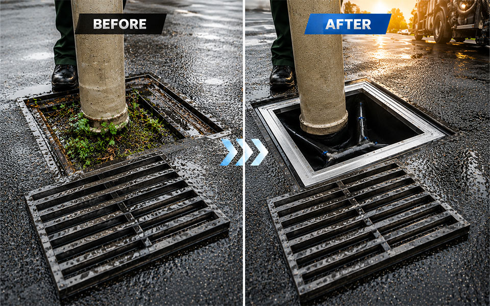 Before and after storm drain catch basin cleaning and filtration system installation on a wet urban roadway.
Caption