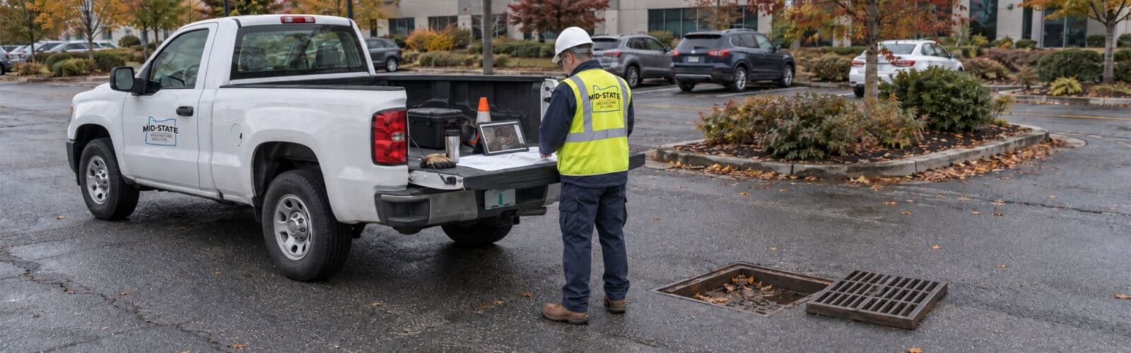 Technician reviews a map and tablet at a pickup tailgate beside an open parking lot catch basin with its grate removed.
