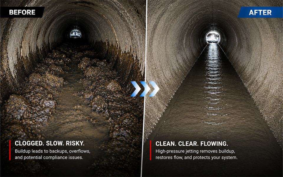 Before and after drain jetting comparison showing a heavily clogged storm pipe and a fully cleaned pipeline after high-pressure jetting.
