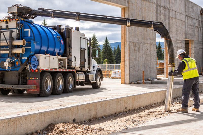 Mid-State vacuum truck and operator removing loose sand and gravel from a concrete channel at a construction site.