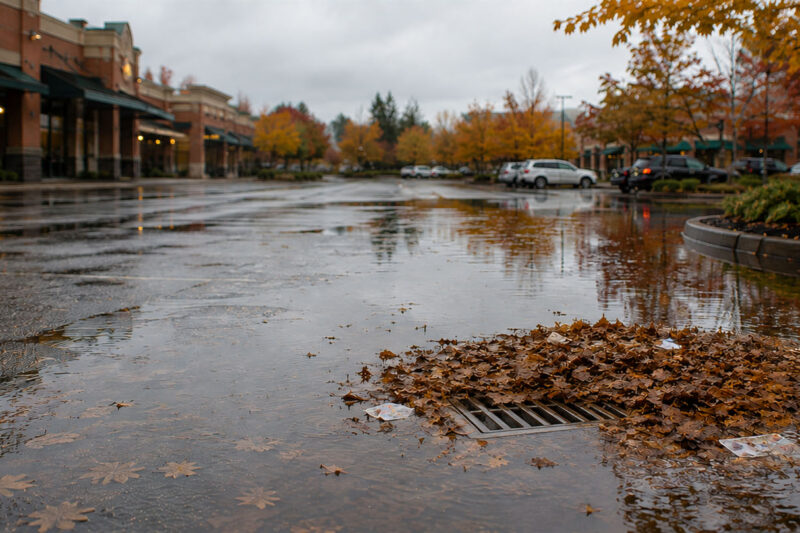 Leaves and litter clog a parking lot storm drain, with part of the grate visible beneath pooled water outside Oregon-style storefronts.