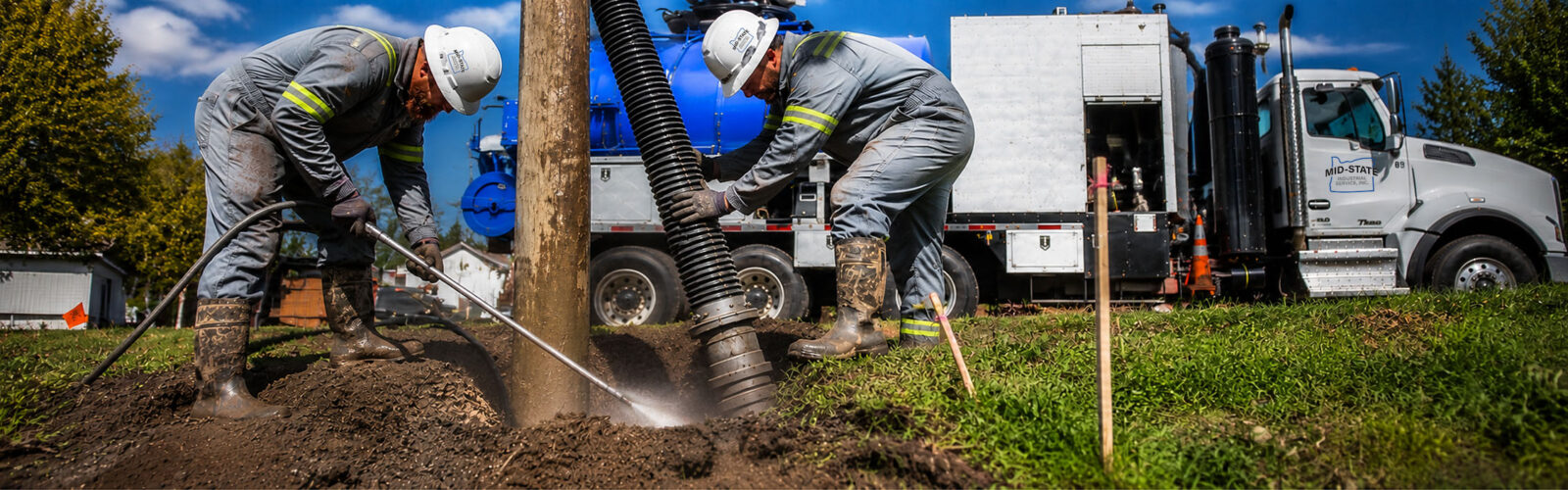 Mid-State crew using a hydro excavation wand and vacuum hose to remove soil around a utility pole in Oregon.