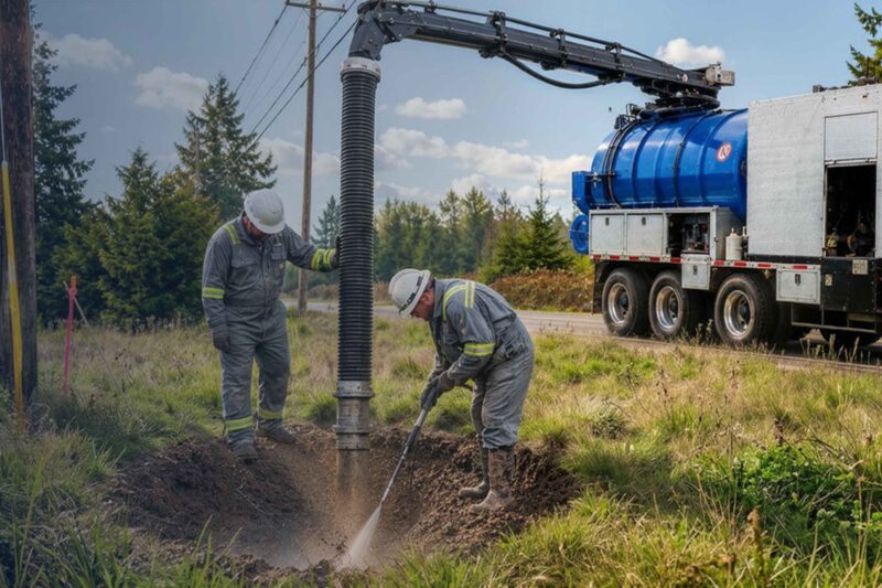 Mid-State Industrial hydro excavation crew using pressurized water and vacuum excavation to safely expose underground utilities in Oregon.