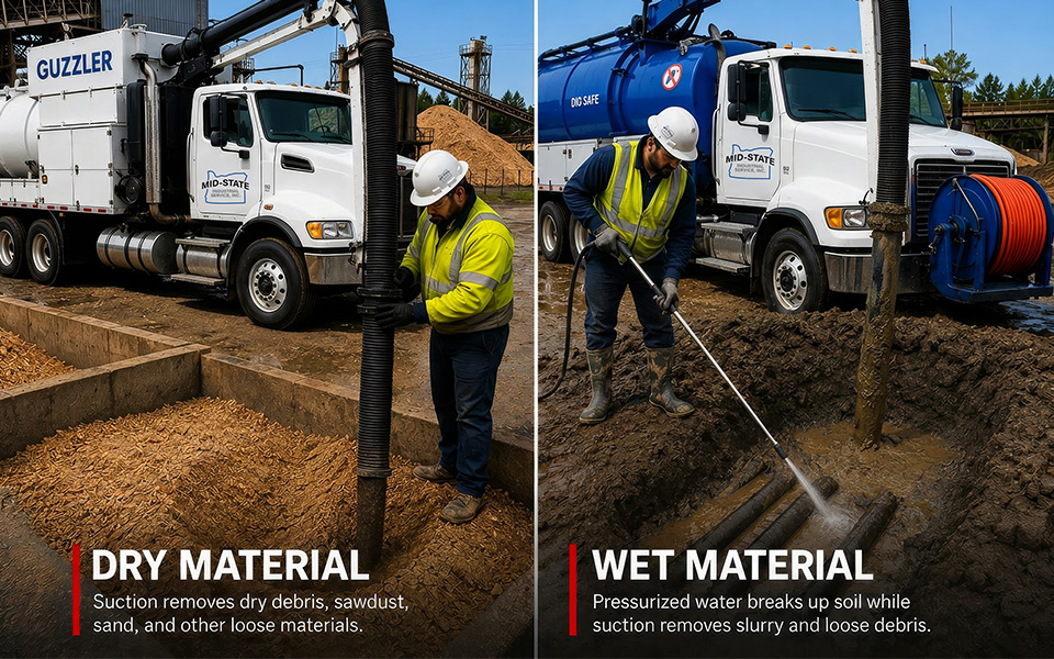 Mid-State Industrial vacuum excavation trucks handling dry and wet material removal operations in Oregon, including sawdust recovery, hydro excavation, slurry removal, and industrial vacuum services with front-mounted hose reel systems.