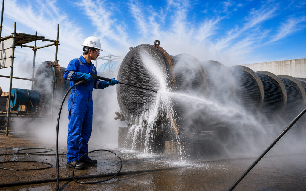 Industrial hydroblasting technician cleaning a large heat exchanger with high-pressure water blasting equipment at an outdoor industrial facility.