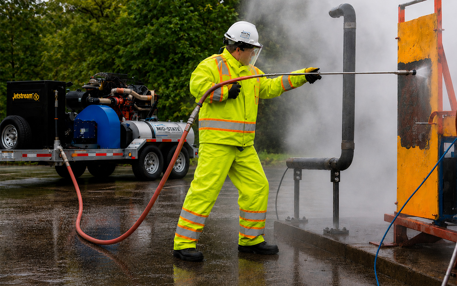 Mid-State Industrial Service hydroblasting operator using a high-pressure water lance to clean industrial equipment at a wet outdoor processing facility with a Jetstream hydroblasting trailer in the background.