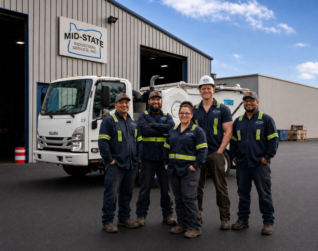 Mid-State Industrial Service workers at the Eugene facility standing with a white sweeper truck.