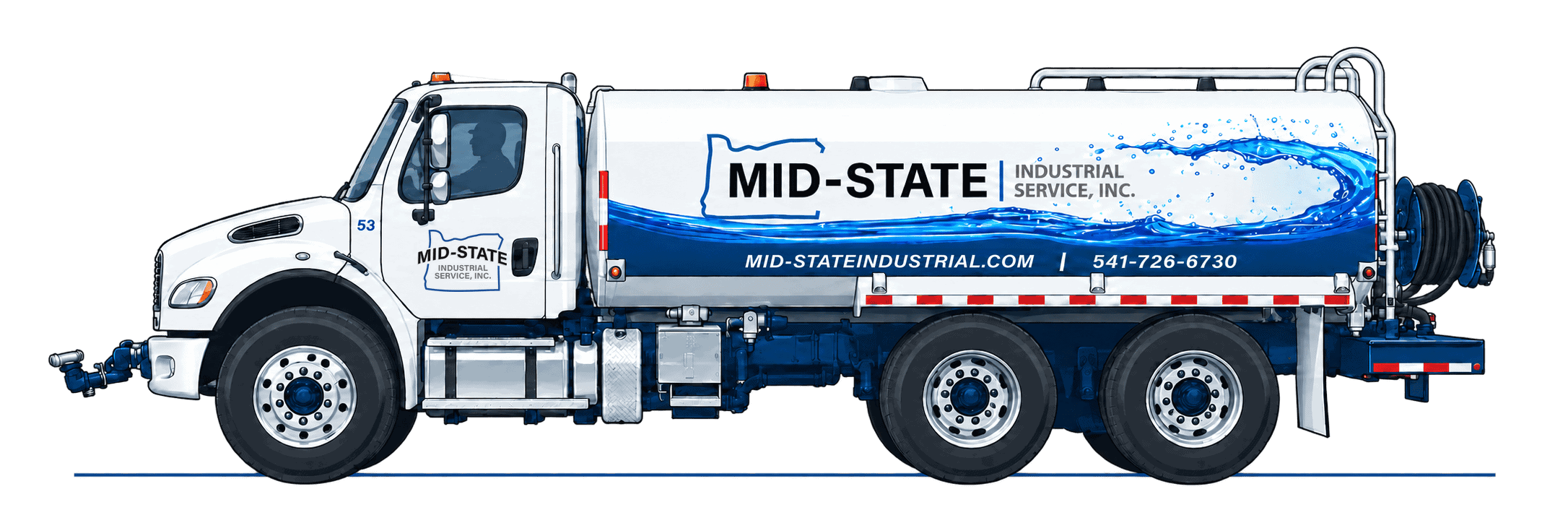 Illustrated Mid-State Industrial Service 4,000-gallon water truck with blue water-splash wrap and transparent background.