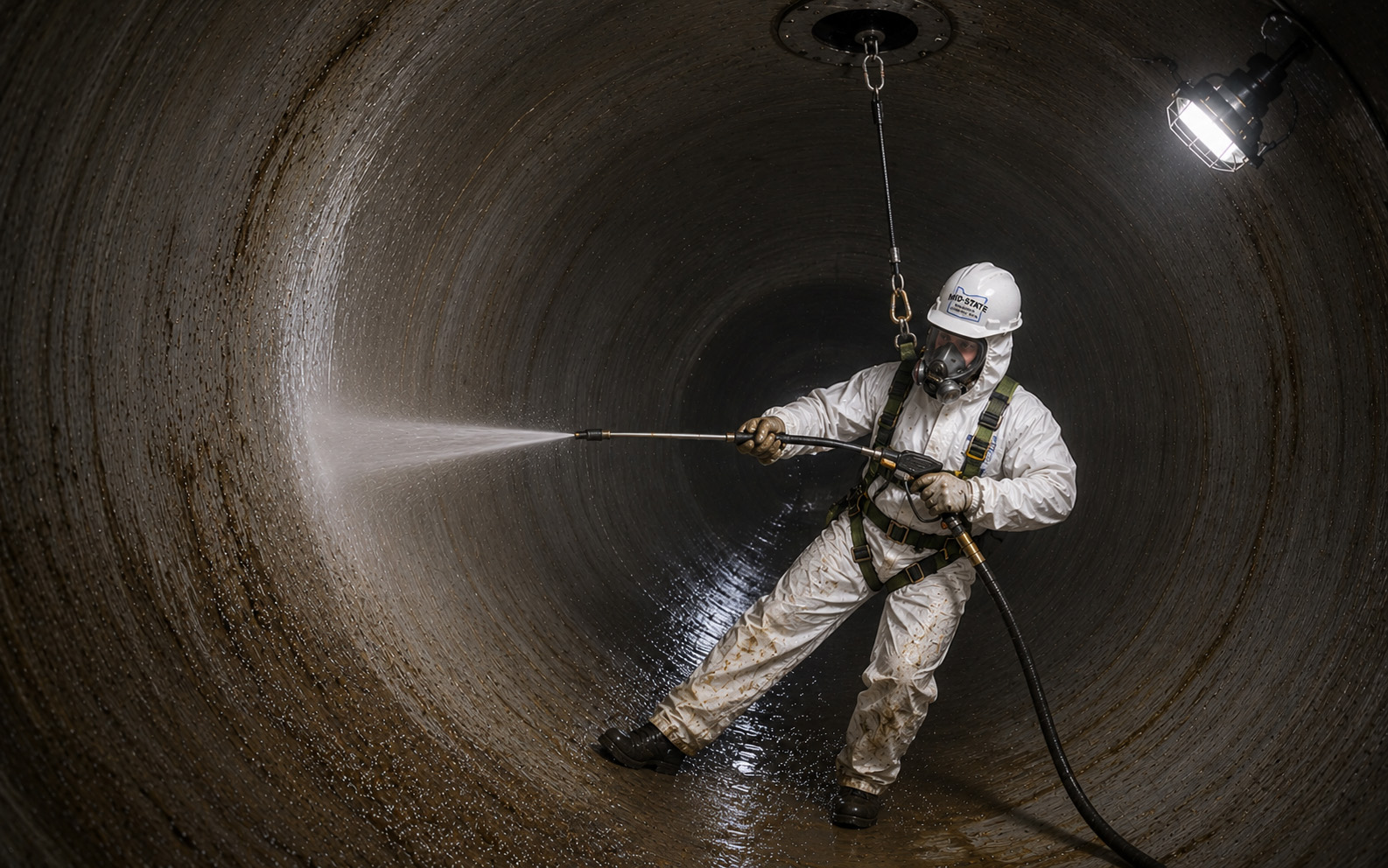Confined space industrial tank cleaning technician in a white protective suit and hard hat pressure washing the interior walls of a large steel storage tank during a confined space cleaning operation.