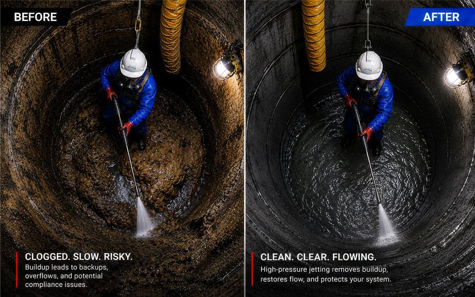 
Before-and-after industrial tank cleaning graphic showing hydroblasting removing sludge buildup from inside a confined space vessel.