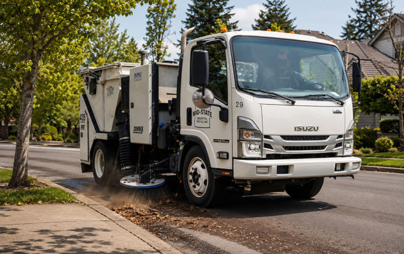 Mid-State Industrial Tymco street sweeper cleaning a residential street in Oregon.