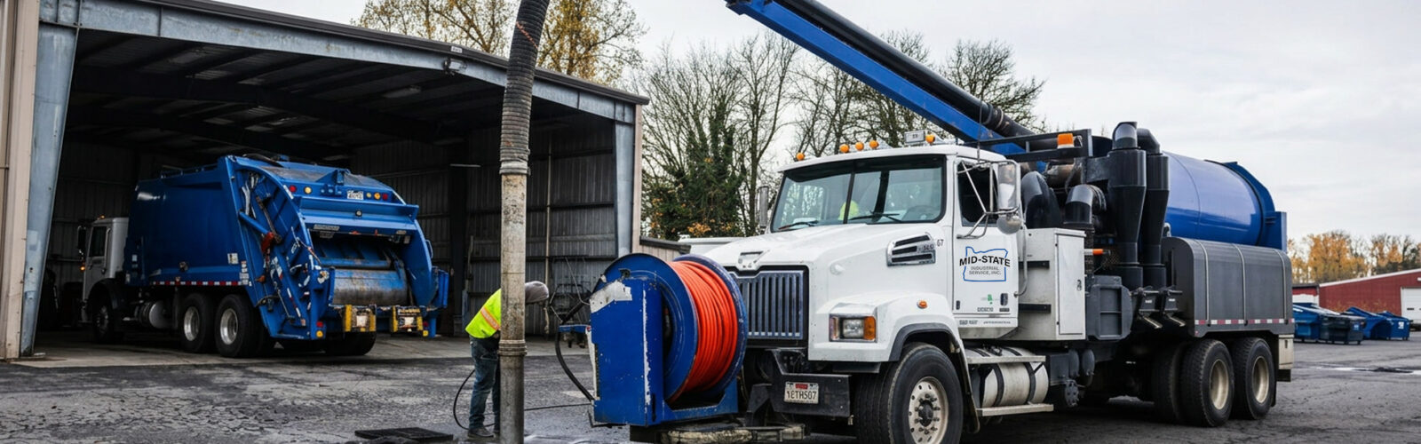 Mid-State Industrial vacuum truck cleaning a catch basin at an Oregon service yard
