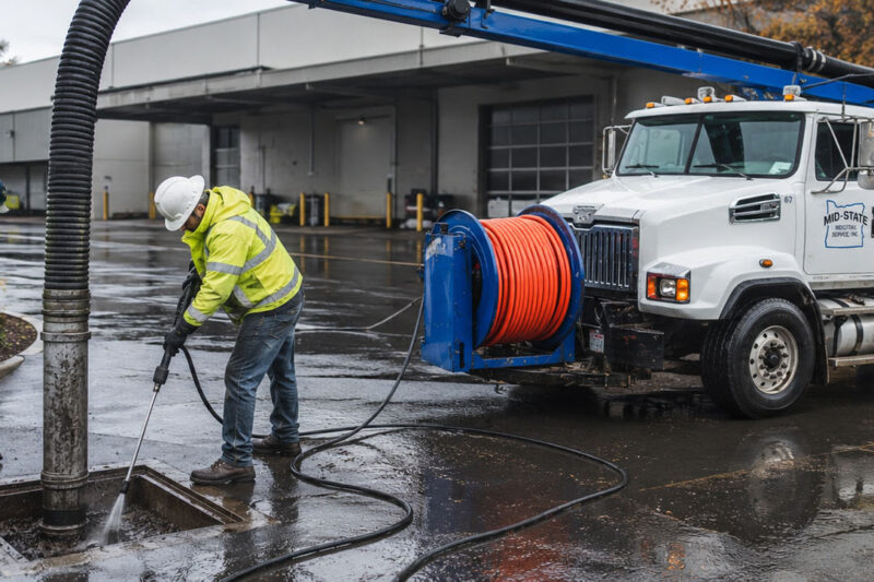 Mid-State Industrial crew cleaning a catch basin with a vacuum truck in a wet Oregon commercial parking lot.