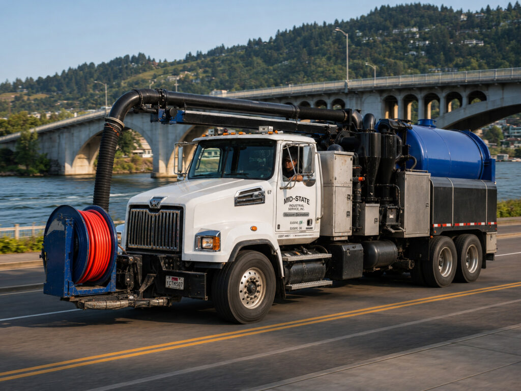 Mid-State Industrial vacuum truck driving in Southern Oregon with a river bridge in the background