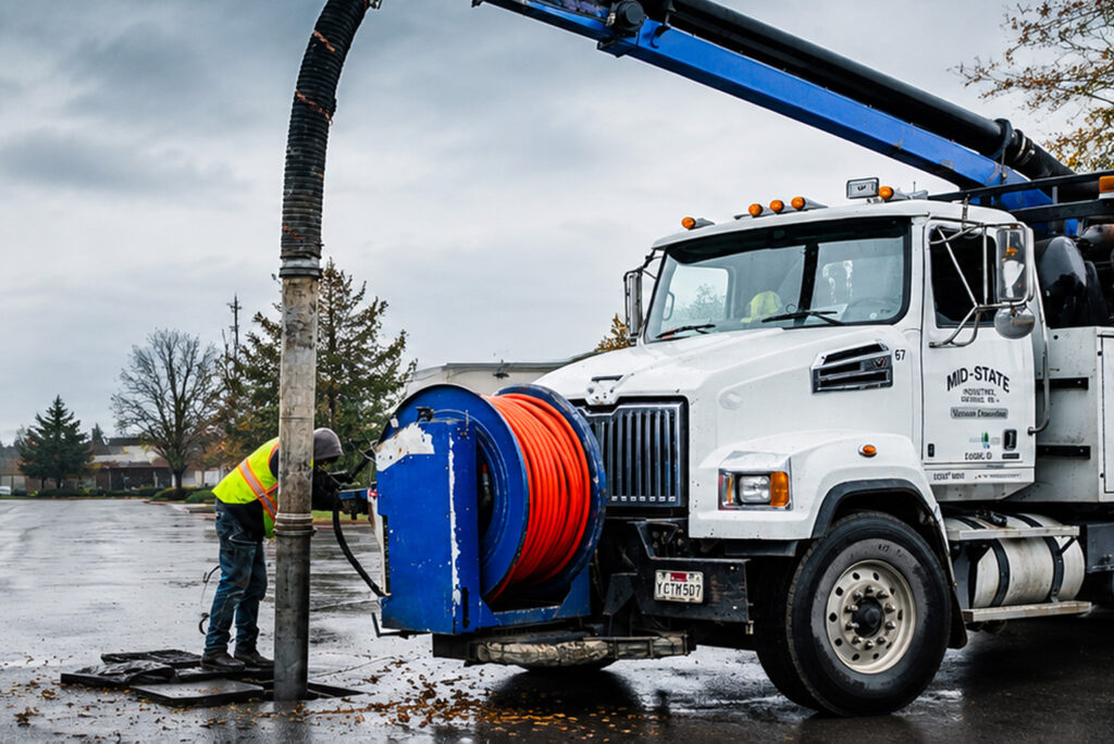 Mid-State worker operating a boom-mounted vacuum tube beside a vacuum truck at an Oregon industrial site.