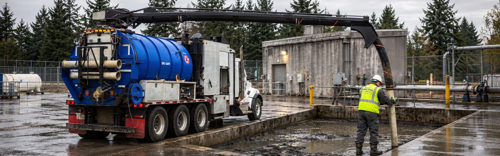 Mid-State vacuum truck and operator removing wet sludge and standing water from an industrial collection basin.