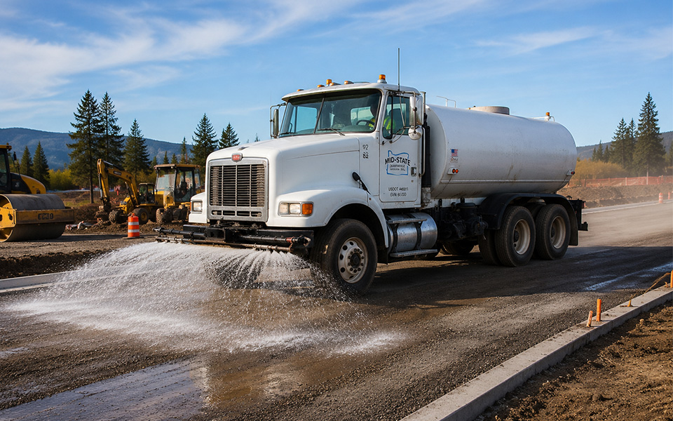 Mid-State Industrial Service water truck performing dust control and roadway wetting on an active Oregon road construction project with paving and grading equipment in the background.