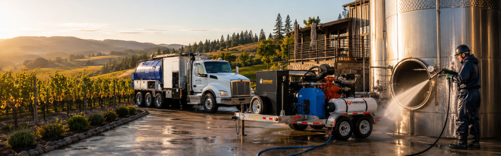 Mid-State Industrial hydroblasting crew cleaning a winery fermentation tank in Oregon wine country with a vacuum truck, hydroblast trailer, and vineyard landscape during harvest season preparation.