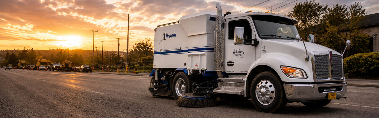 Mid-State Industrial Service XBroom sweeper cleaning roadway debris during an Oregon construction project.