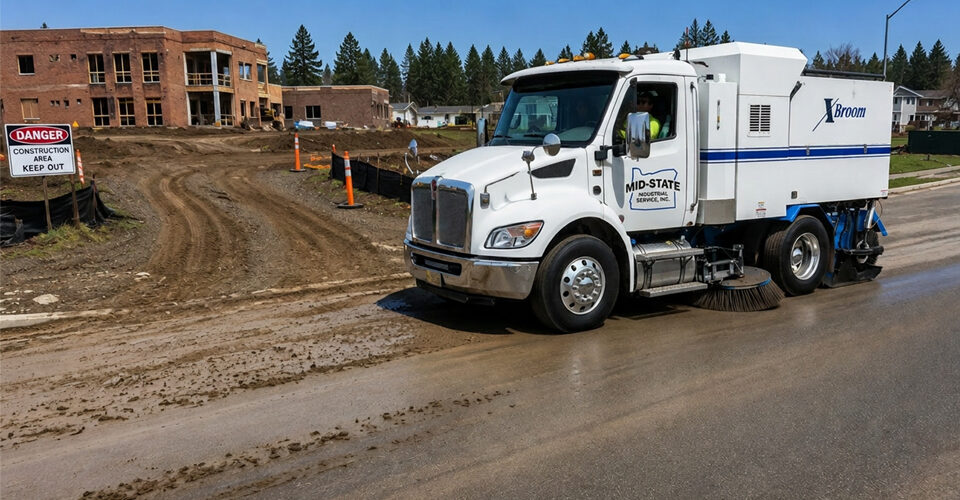 Mid-State XBroom sweeper cleaning mud and dirt track out from a construction site roadway in Oregon on a sunny day.