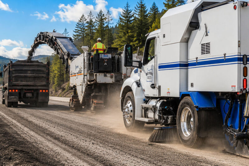 Mid-State Industrial XBroom sweeper cleaning a milled roadway during an Oregon highway paving project.