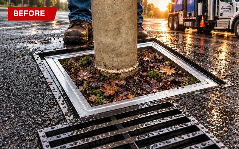 Before and after views of leaves, sediment, and debris removed from a roadway catch basin using a vacuum hose.
