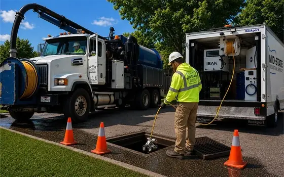 Mid-State crew deploying a CCTV camera into a utility vault beside vacuum and sewer inspection trucks.