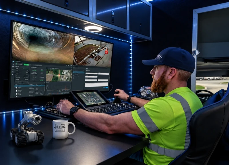 Mid-State CCTV inspection operator using a joystick to review pipe-camera footage inside a sewer inspection truck.