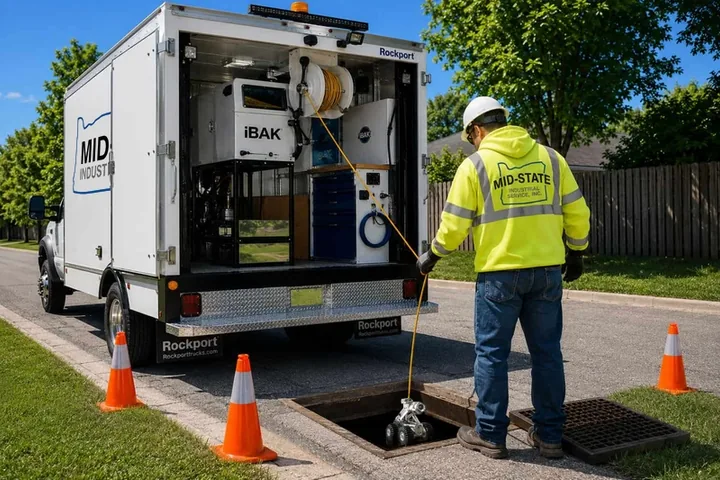 Mid-State technician lowering a CCTV inspection camera into an open utility vault beside a mobile inspection truck.