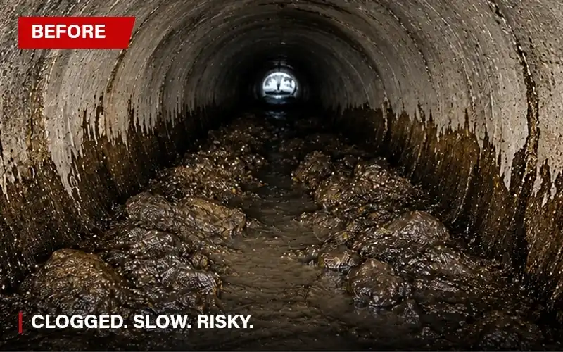 Before and after drain line cleaning, showing heavy sludge and sediment buildup followed by a clear pipe with shallow flowing water.