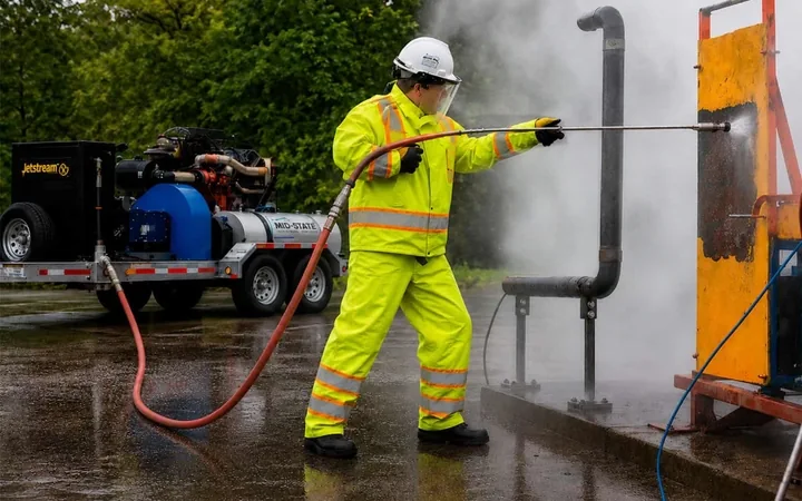 A Mid-State operator in protective clothing uses a waterblasting lance to clean a metal surface beside Jetstream equipment.
