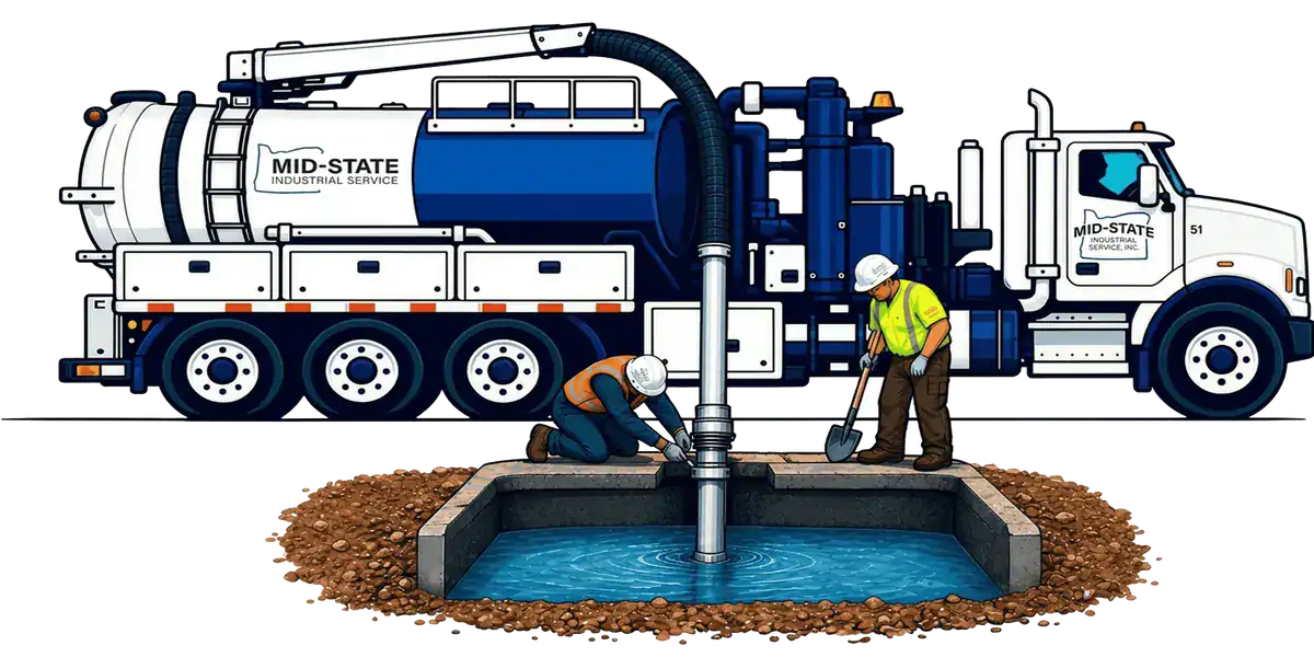 Illustration of a Mid-State vacuum truck and crew cleaning an underground tank.