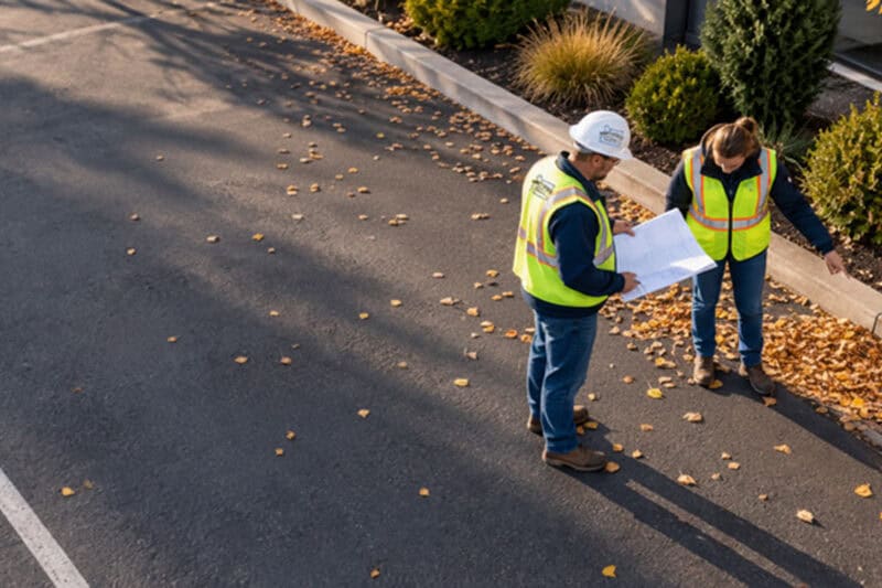 Two workers review a site map beside a parking lot storm drain during a fall maintenance walkthrough.