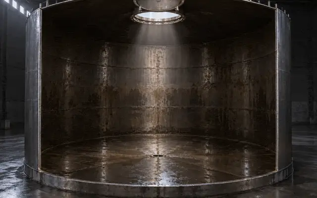 Rotating cleaning head spraying water across the interior walls of an industrial tank.