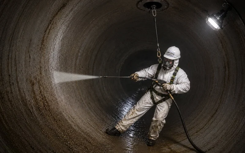 Worker hydroblasting the interior wall of an industrial tank.