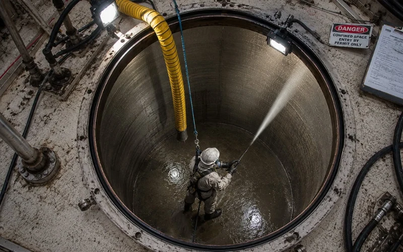 Worker performing confined space hydroblasting inside a large industrial tank with ventilation hose, safety harness, temporary work lighting, and confined space entry equipment during tank cleaning operations.