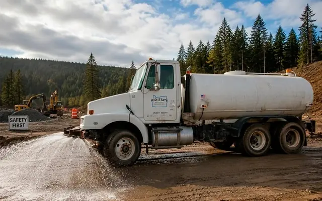 A Mid-State water truck sprays water from its front outlets onto an unpaved construction road.