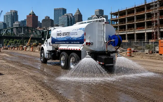 A Mid-State water truck with a blue wave tank wrap sprays water from two rear outlets onto a construction road with visible tire tracks.